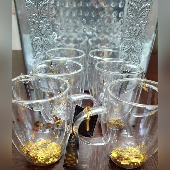 Double Walled (Insulated) Gold & Silver Glittery 12Oz Glass Coffee Mugs Set of 6 - Picture 6 of 12